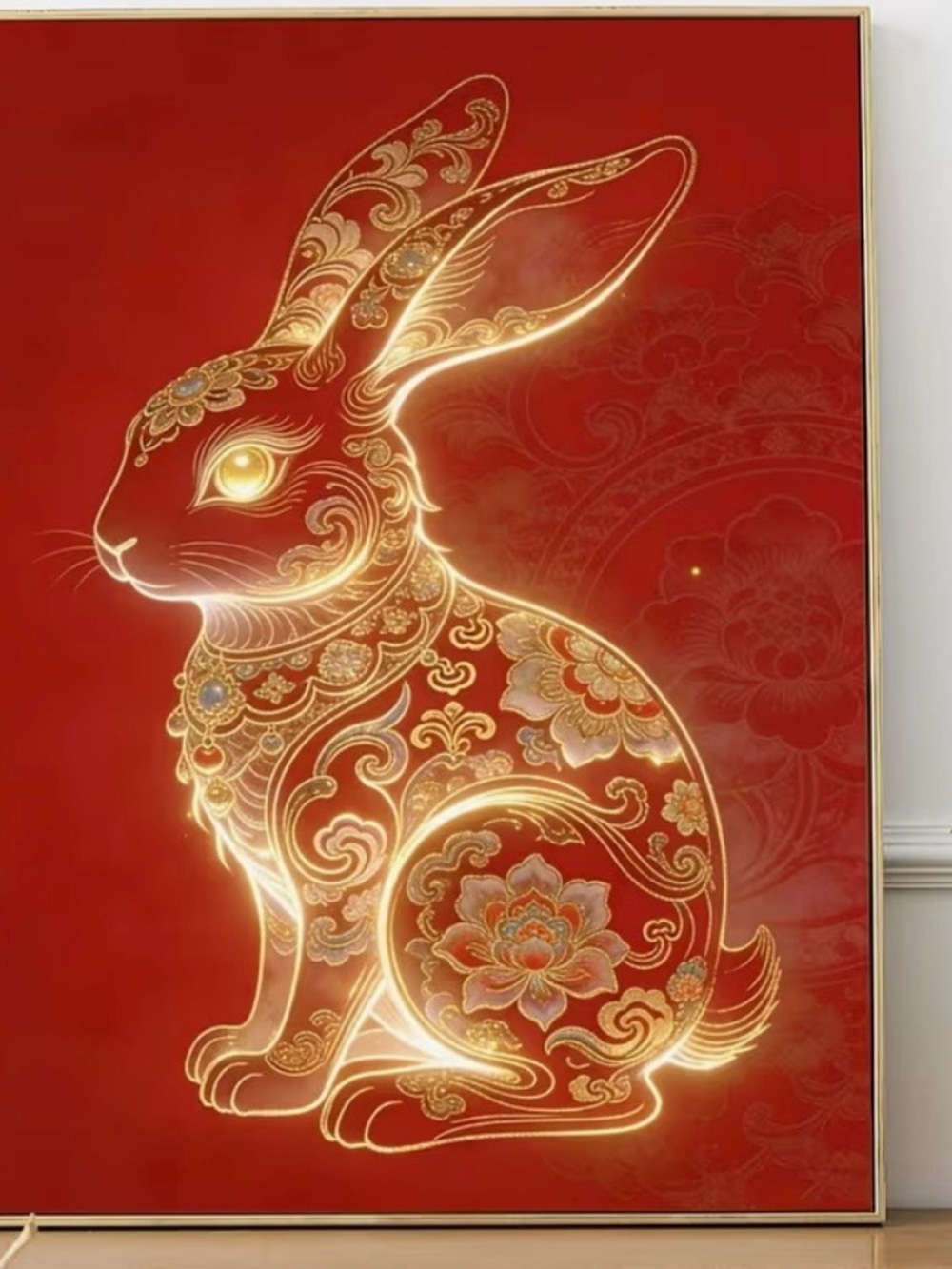 Gold-Accented Red Rabbit Wall Art